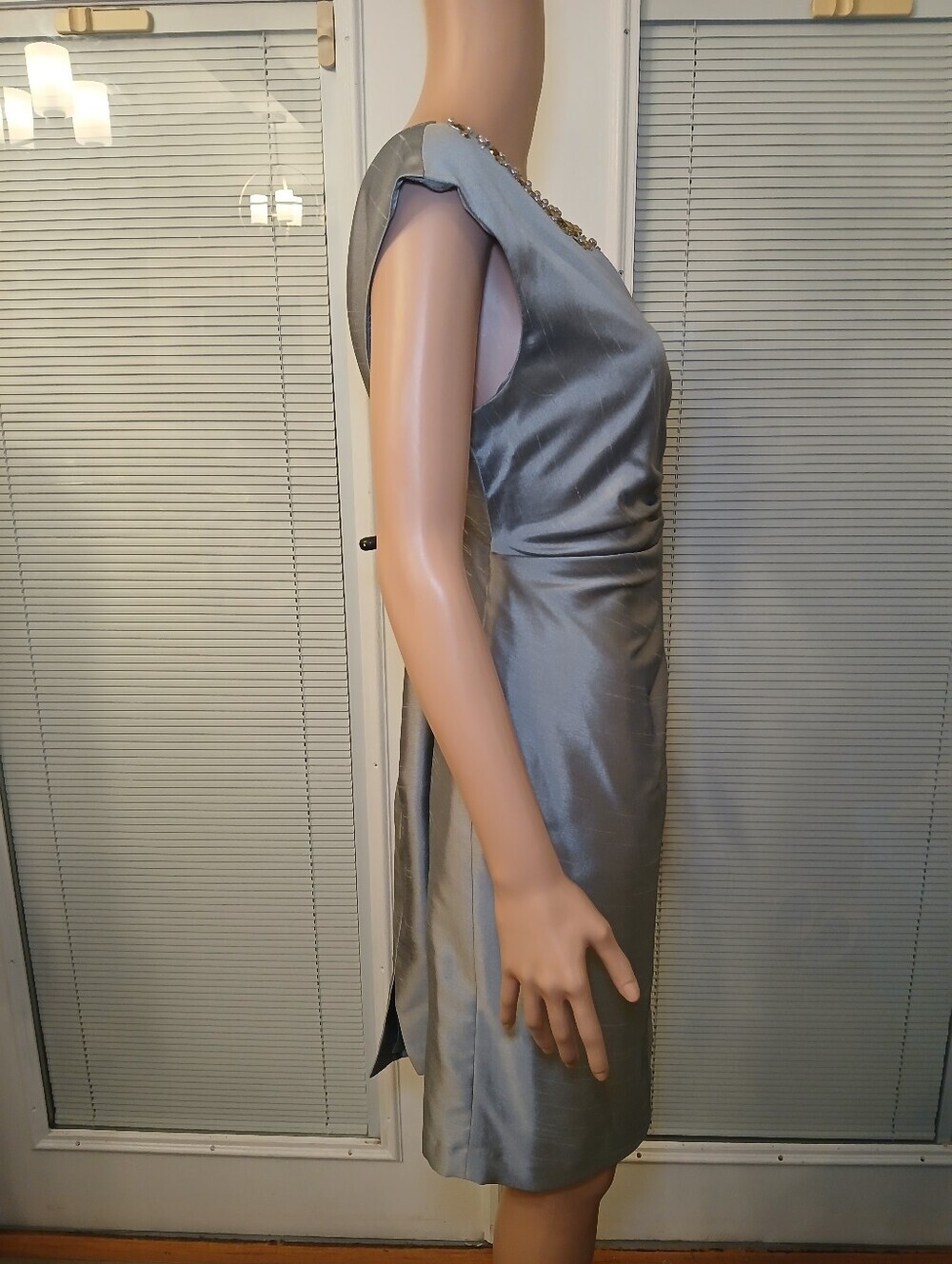 Jessica Howard Silver Ruched Sheath Dress with Beaded Neckline - Picture 3 of 6